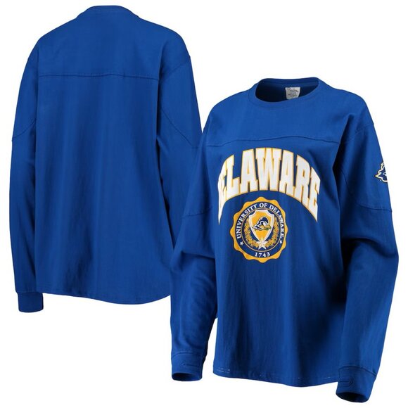 Delaware Fightin' Blue Hens Pressbox Edith Long Sleeve T-Shirt NWT Sz L - Picture 1 of 2